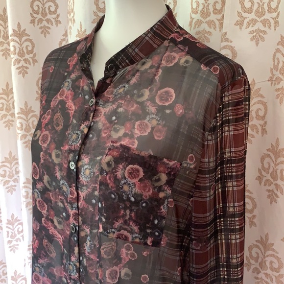A.B.S. Denim Collection plaid & floral sheer top M - Picture 1 of 13